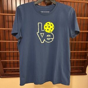 Life Is Good blue tee with Love Pickleball graphic